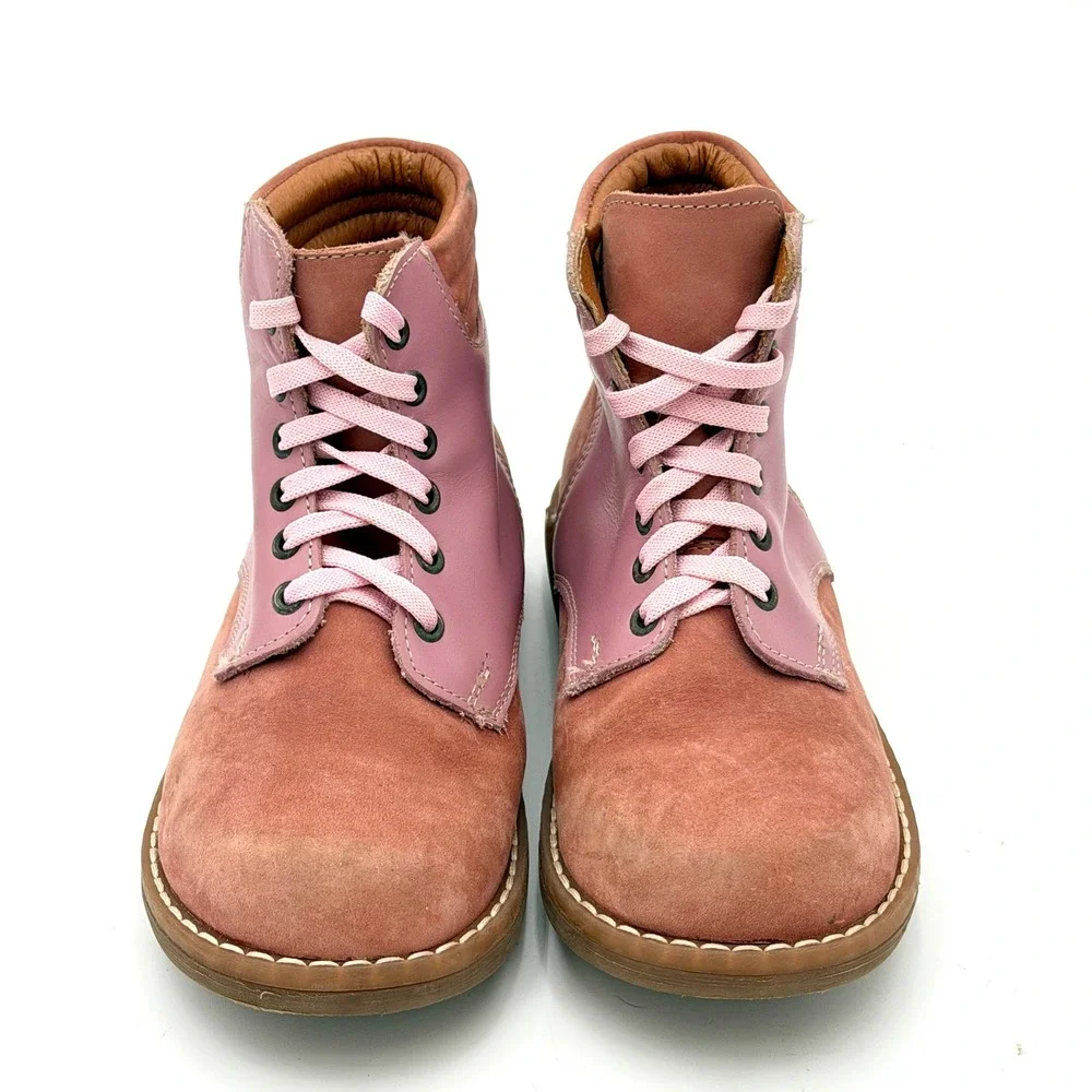 DOGI Pink Two Tone Leather Suede Lace Up Combat Ankle Boots Lug Sole Size 13